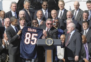 '85 Bears getting their White House opportunity, with Bears fan / POTUS Obama.